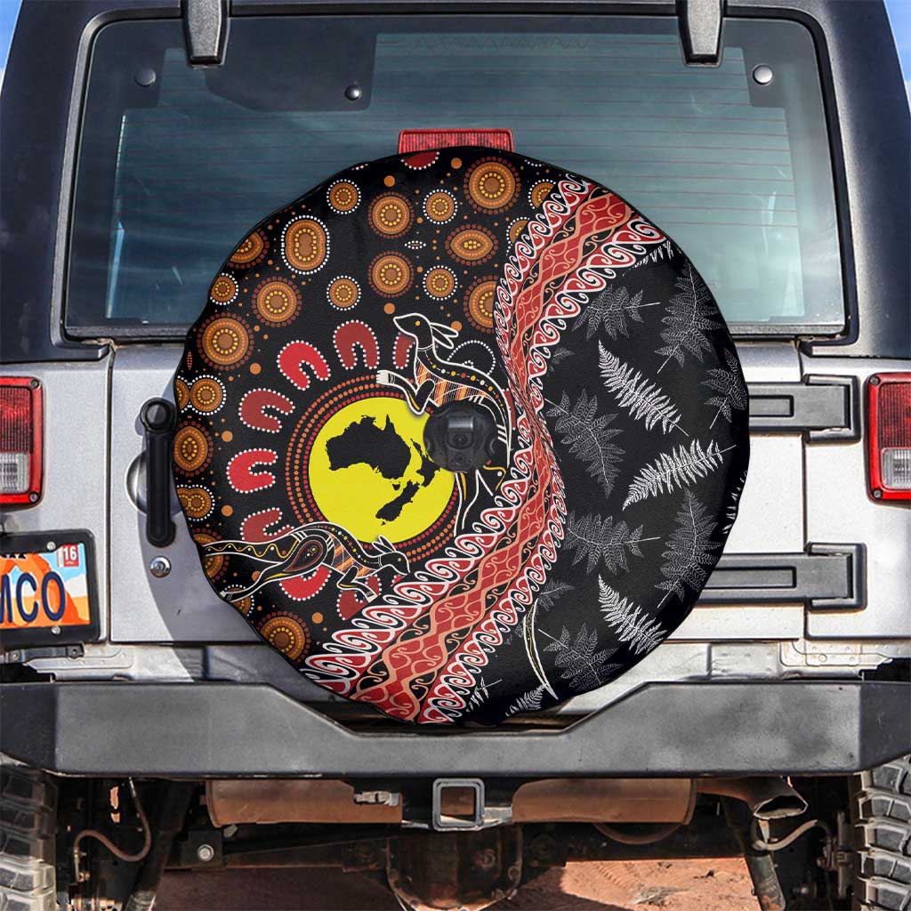 Aotearoa and Australia Spare Tire Cover Maori Koru Ferns With Aboriginal Kangaroo