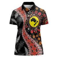 Aotearoa and Australia Women Polo Shirt Maori Koru Ferns With Aboriginal Kangaroo LT03 Female Black - Polynesian Pride