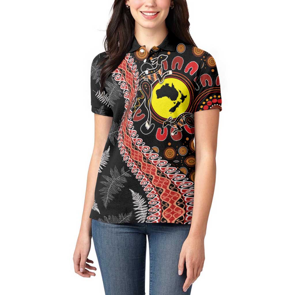 Aotearoa and Australia Women Polo Shirt Maori Koru Ferns With Aboriginal Kangaroo LT03 - Polynesian Pride