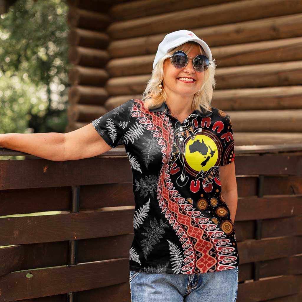 Aotearoa and Australia Women Polo Shirt Maori Koru Ferns With Aboriginal Kangaroo LT03 - Polynesian Pride
