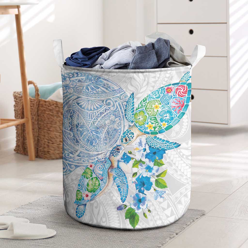 Hawaiian Couple Turtles Honi Laundry Basket Polynesian Art Motifs and Hibiscus White Blue Color LT03 White - Polynesian Pride