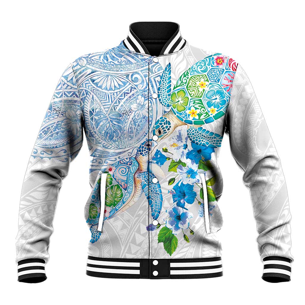 Hawaiian Couple Turtles Honi Baseball Jacket Polynesian Art Motifs and Hibiscus White Blue Color LT03 Unisex White - Polynesian Pride