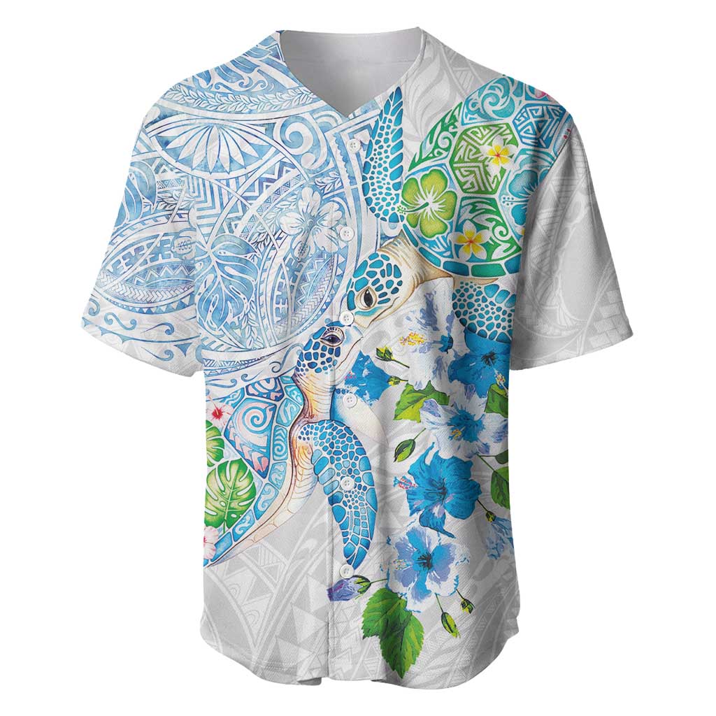 Hawaiian Couple Turtles Honi Baseball Jersey Polynesian Art Motifs and Hibiscus White Blue Color LT03 White - Polynesian Pride