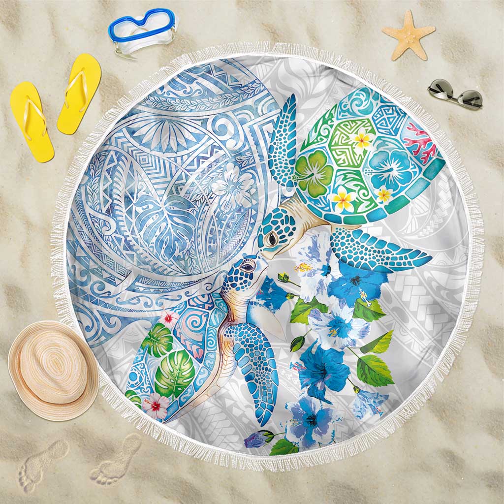 Hawaiian Couple Turtles Honi Beach Blanket Polynesian Art Motifs and Hibiscus White Blue Color LT03 One Size 150cm White - Polynesian Pride