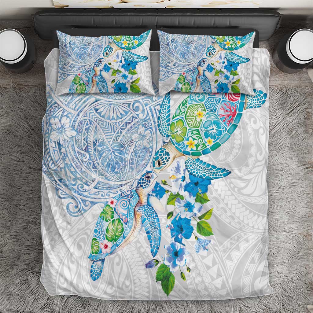 Hawaiian Couple Turtles Honi Bedding Set Polynesian Art Motifs and Hibiscus White Blue Color LT03 White - Polynesian Pride