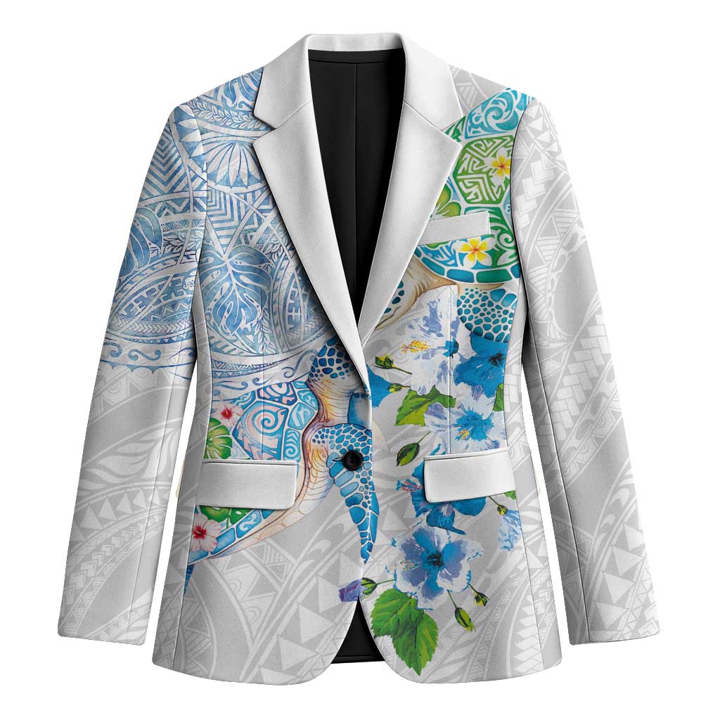 Hawaiian Couple Turtles Honi Blazer Polynesian Art Motifs and Hibiscus White Blue Color LT03 Unisex White - Polynesian Pride