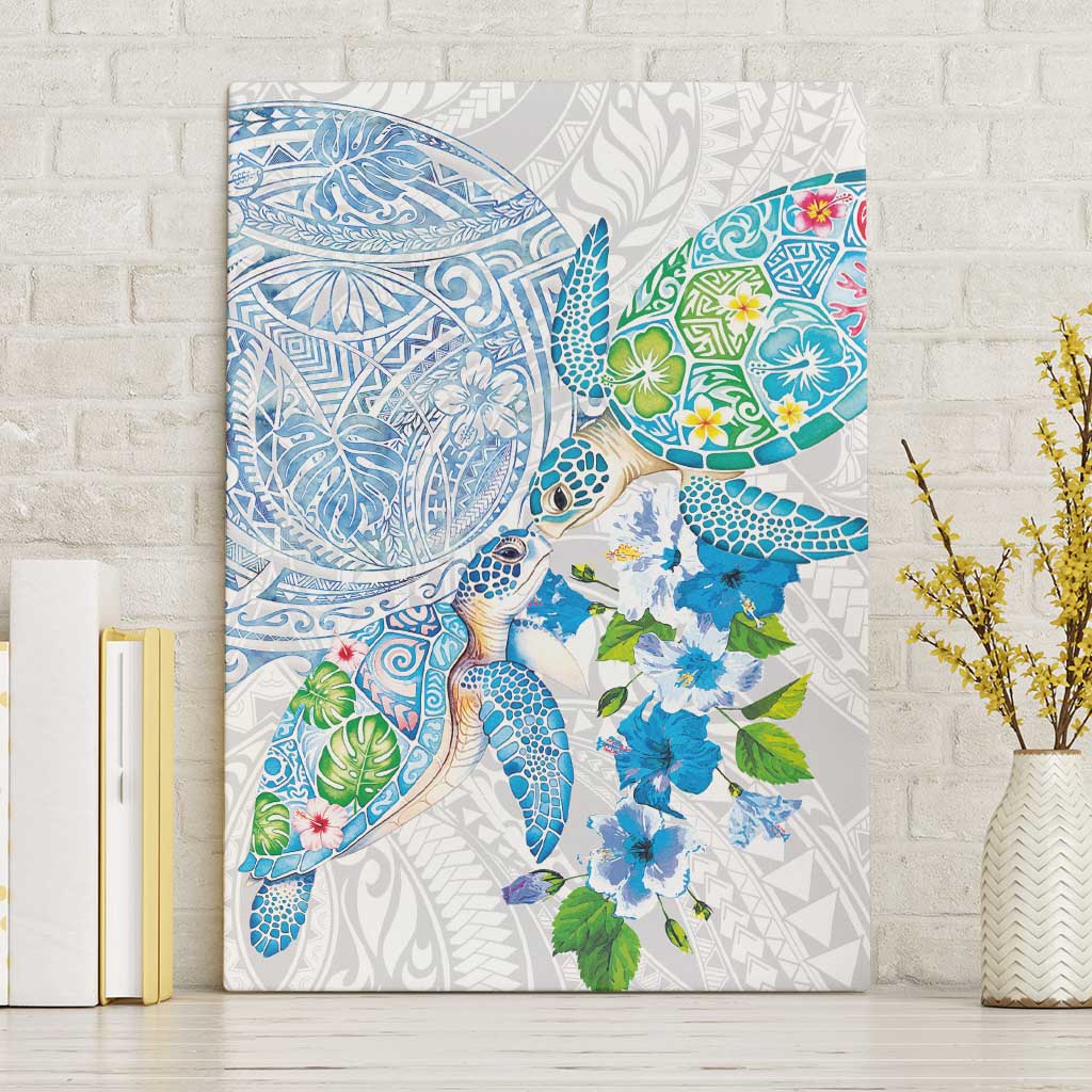 Hawaiian Couple Turtles Honi Canvas Wall Art Polynesian Art Motifs and Hibiscus White Blue Color LT03 Without Frame White - Polynesian Pride