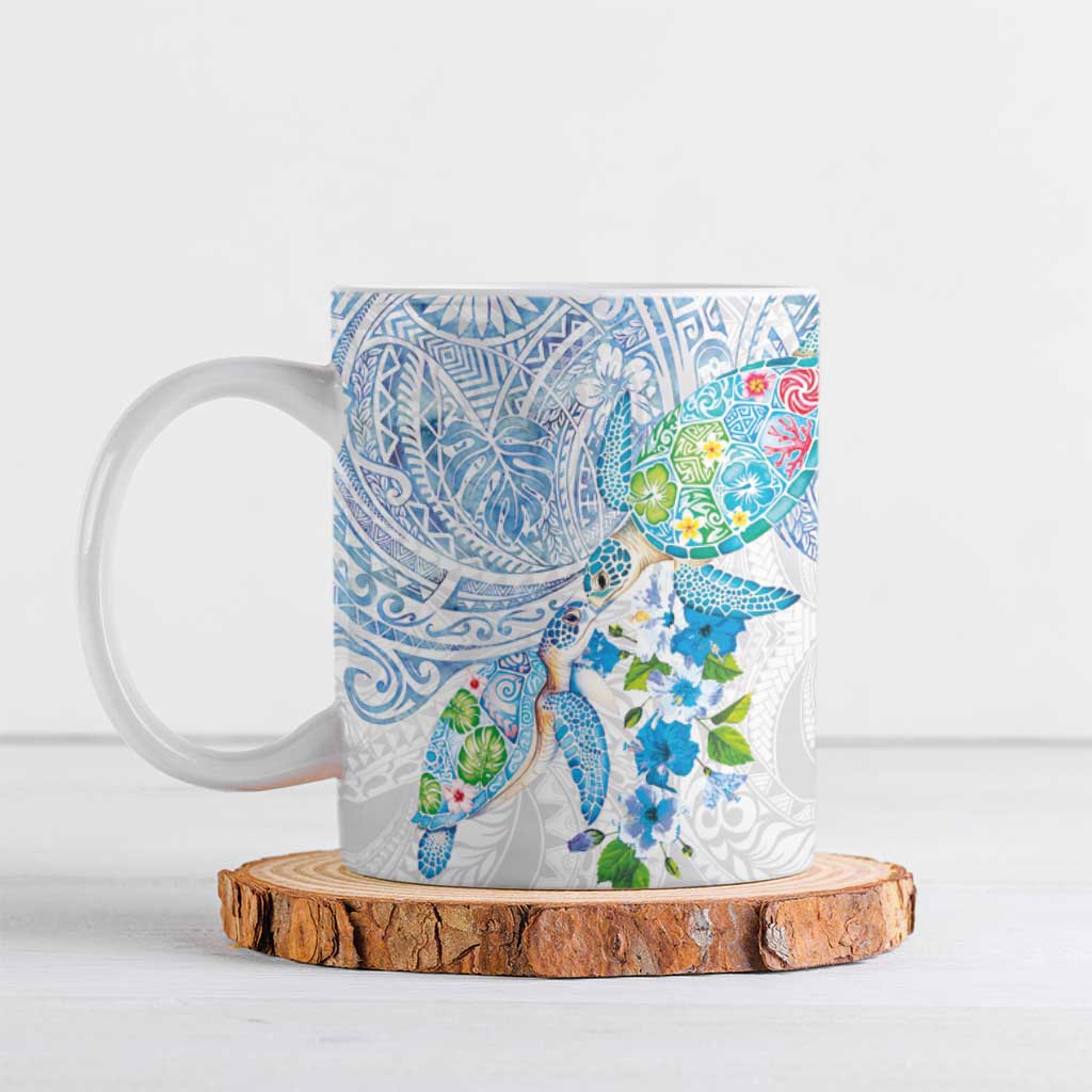 Hawaiian Couple Turtles Honi Ceramic Mug Polynesian Art Motifs and Hibiscus White Blue Color LT03 White - Polynesian Pride