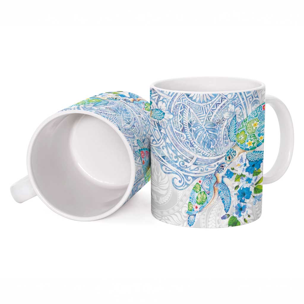Hawaiian Couple Turtles Honi Ceramic Mug Polynesian Art Motifs and Hibiscus White Blue Color LT03 - Polynesian Pride