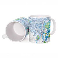 Hawaiian Couple Turtles Honi Ceramic Mug Polynesian Art Motifs and Hibiscus White Blue Color LT03 - Polynesian Pride
