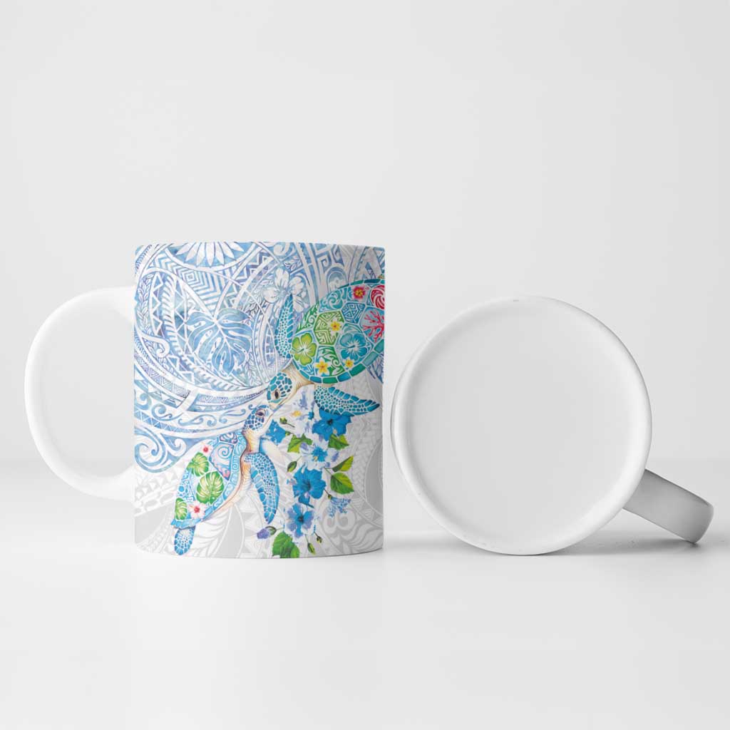 Hawaiian Couple Turtles Honi Ceramic Mug Polynesian Art Motifs and Hibiscus White Blue Color LT03 - Polynesian Pride