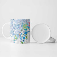 Hawaiian Couple Turtles Honi Ceramic Mug Polynesian Art Motifs and Hibiscus White Blue Color LT03 - Polynesian Pride