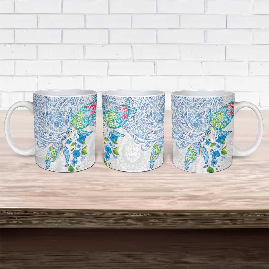 Hawaiian Couple Turtles Honi Ceramic Mug Polynesian Art Motifs and Hibiscus White Blue Color LT03 - Polynesian Pride