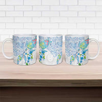Hawaiian Couple Turtles Honi Ceramic Mug Polynesian Art Motifs and Hibiscus White Blue Color LT03 - Polynesian Pride