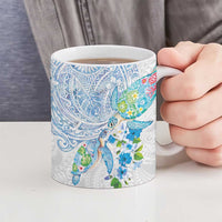 Hawaiian Couple Turtles Honi Ceramic Mug Polynesian Art Motifs and Hibiscus White Blue Color LT03 - Polynesian Pride