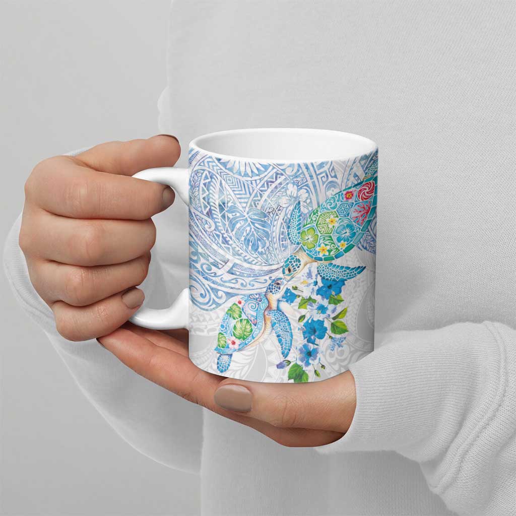 Hawaiian Couple Turtles Honi Ceramic Mug Polynesian Art Motifs and Hibiscus White Blue Color LT03 - Polynesian Pride