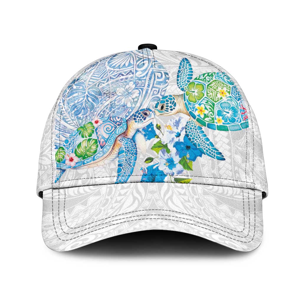 Hawaiian Couple Turtles Honi Classic Cap Polynesian Art Motifs and Hibiscus White Blue Color LT03 Universal Fit White - Polynesian Pride