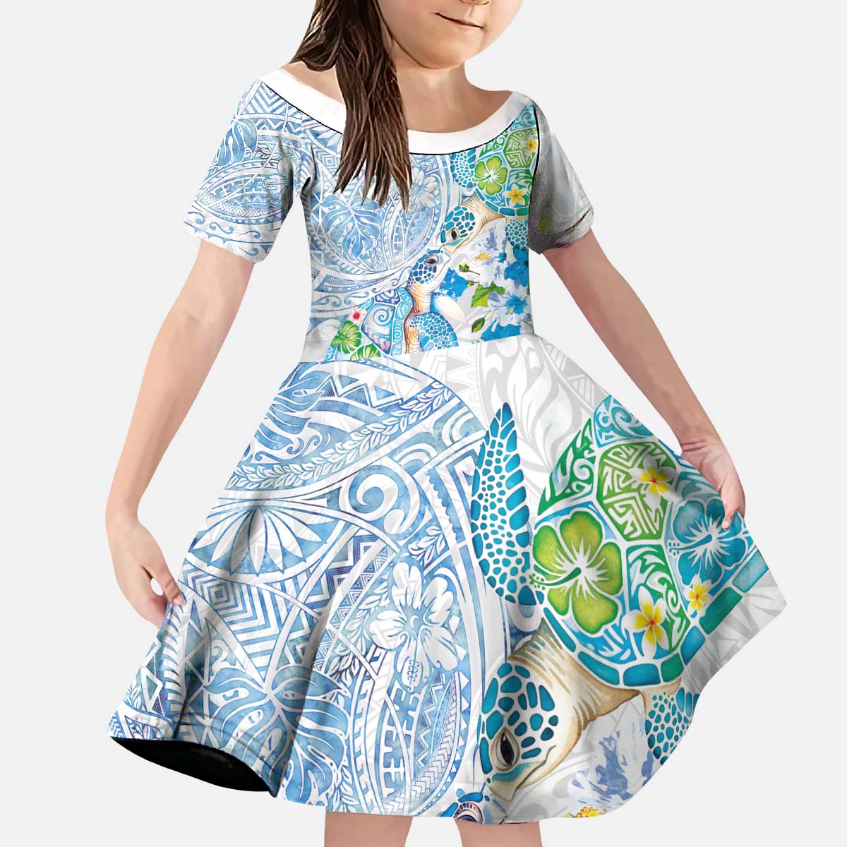 Hawaiian Couple Turtles Honi Kid Short Sleeve Dress Polynesian Art Motifs and Hibiscus White Blue Color LT03 KID White - Polynesian Pride