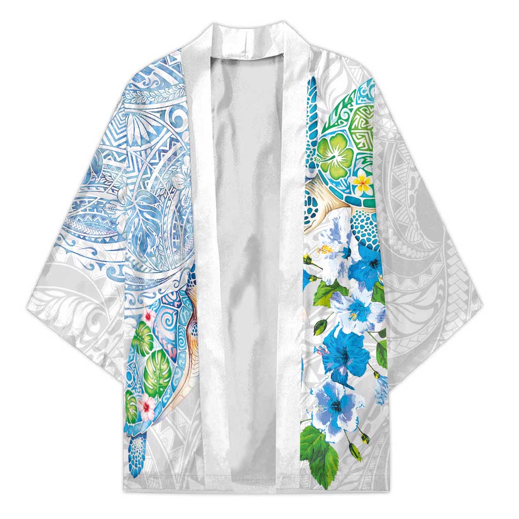 Hawaiian Couple Turtles Honi Kimono Polynesian Art Motifs and Hibiscus White Blue Color LT03 Unisex White - Polynesian Pride