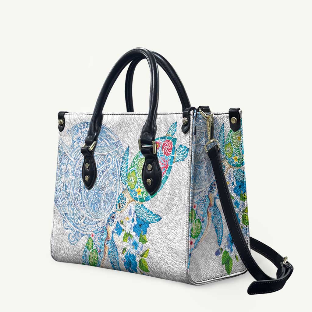 Hawaiian Couple Turtles Honi Leather Bag Polynesian Art Motifs and Hibiscus White Blue Color LT03 White - Polynesian Pride