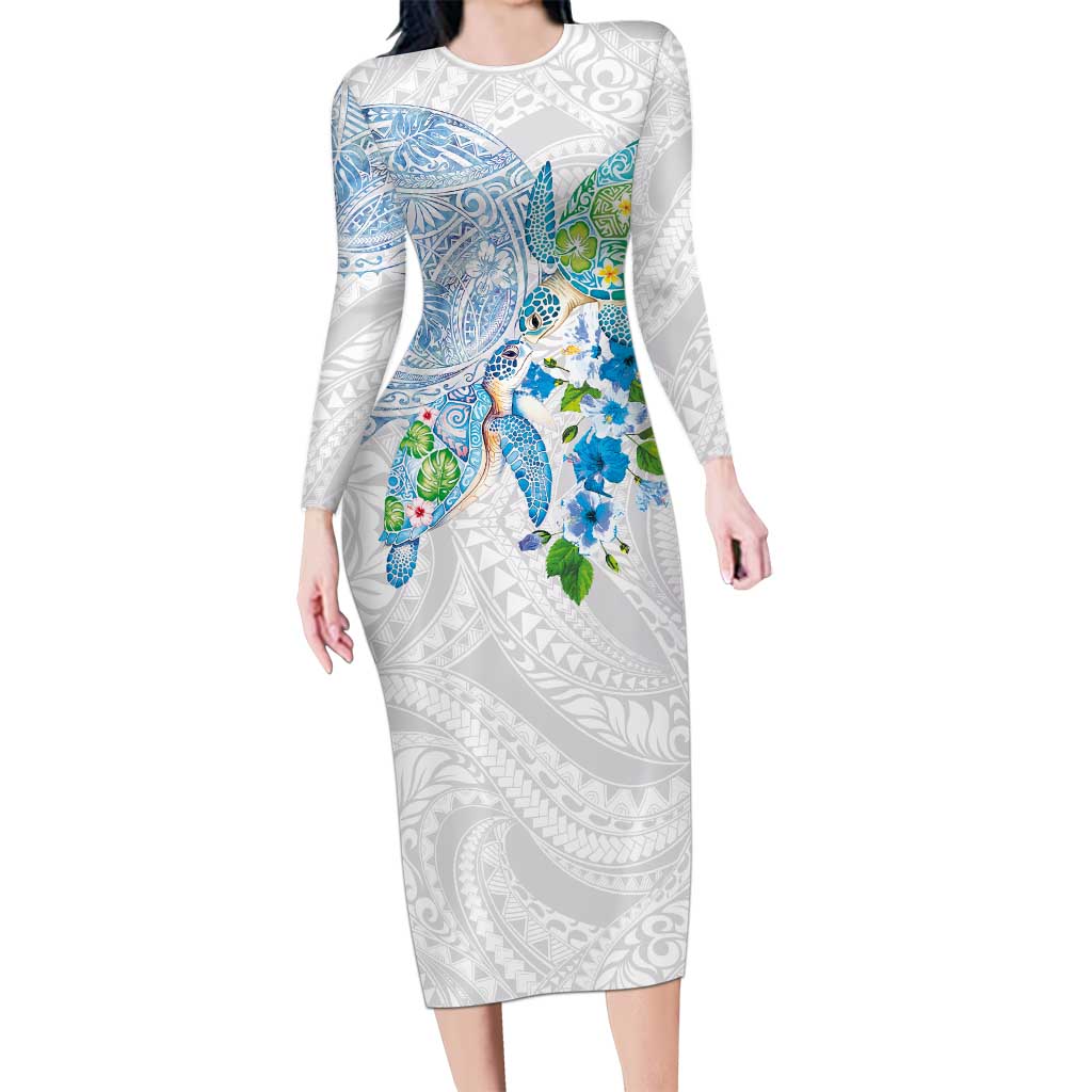 Hawaiian Couple Turtles Honi Long Sleeve Bodycon Dress Polynesian Art Motifs and Hibiscus White Blue Color LT03 Long Dress White - Polynesian Pride