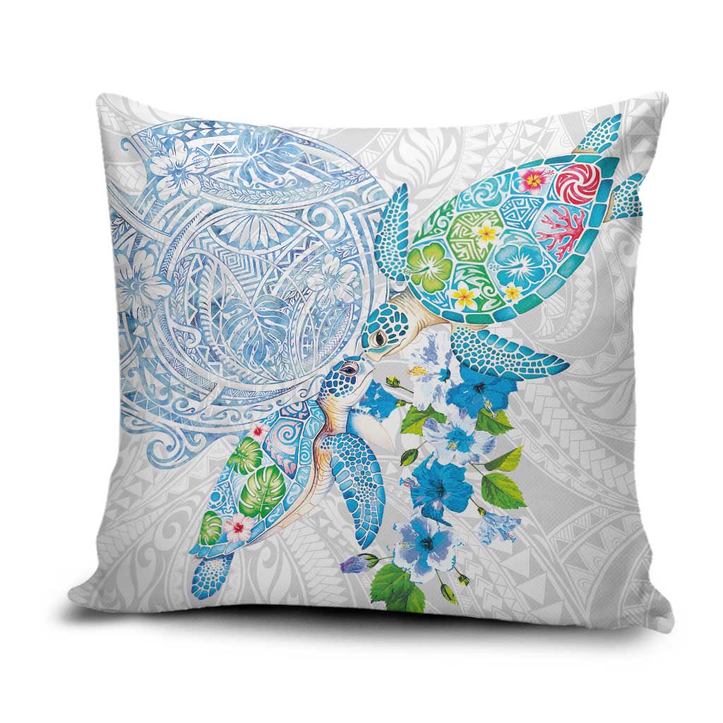 Hawaiian Couple Turtles Honi Pillow Cover Polynesian Art Motifs and Hibiscus White Blue Color LT03 White - Polynesian Pride