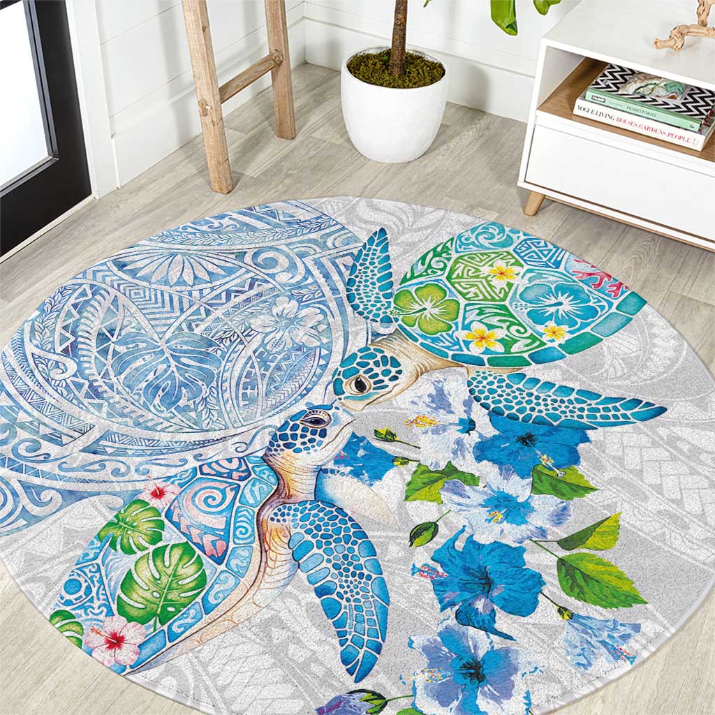 Hawaiian Couple Turtles Honi Round Carpet Polynesian Art Motifs and Hibiscus White Blue Color LT03 White - Polynesian Pride