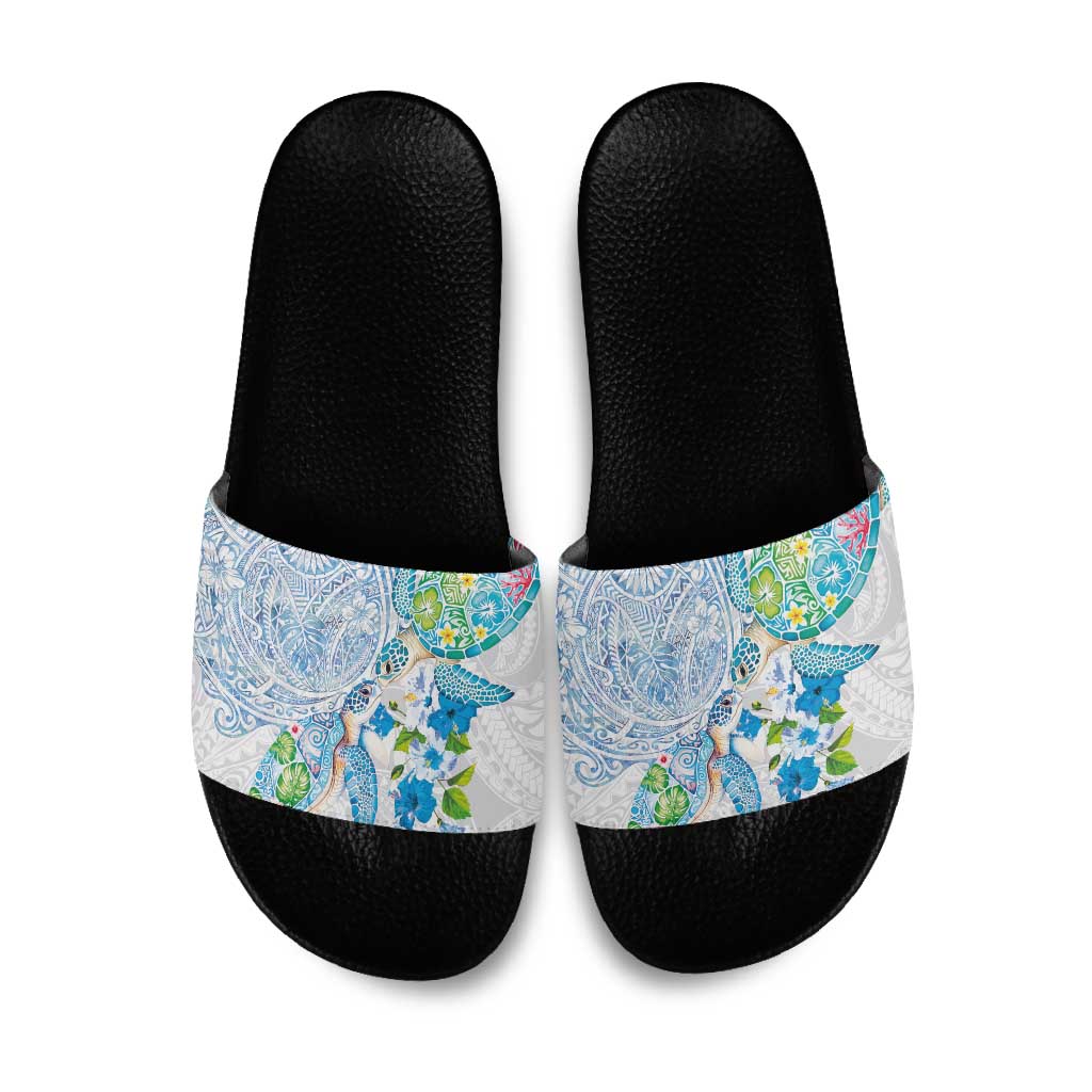 Hawaiian Couple Turtles Honi Slide Sandals Polynesian Art Motifs and Hibiscus White Blue Color LT03 White - Polynesian Pride