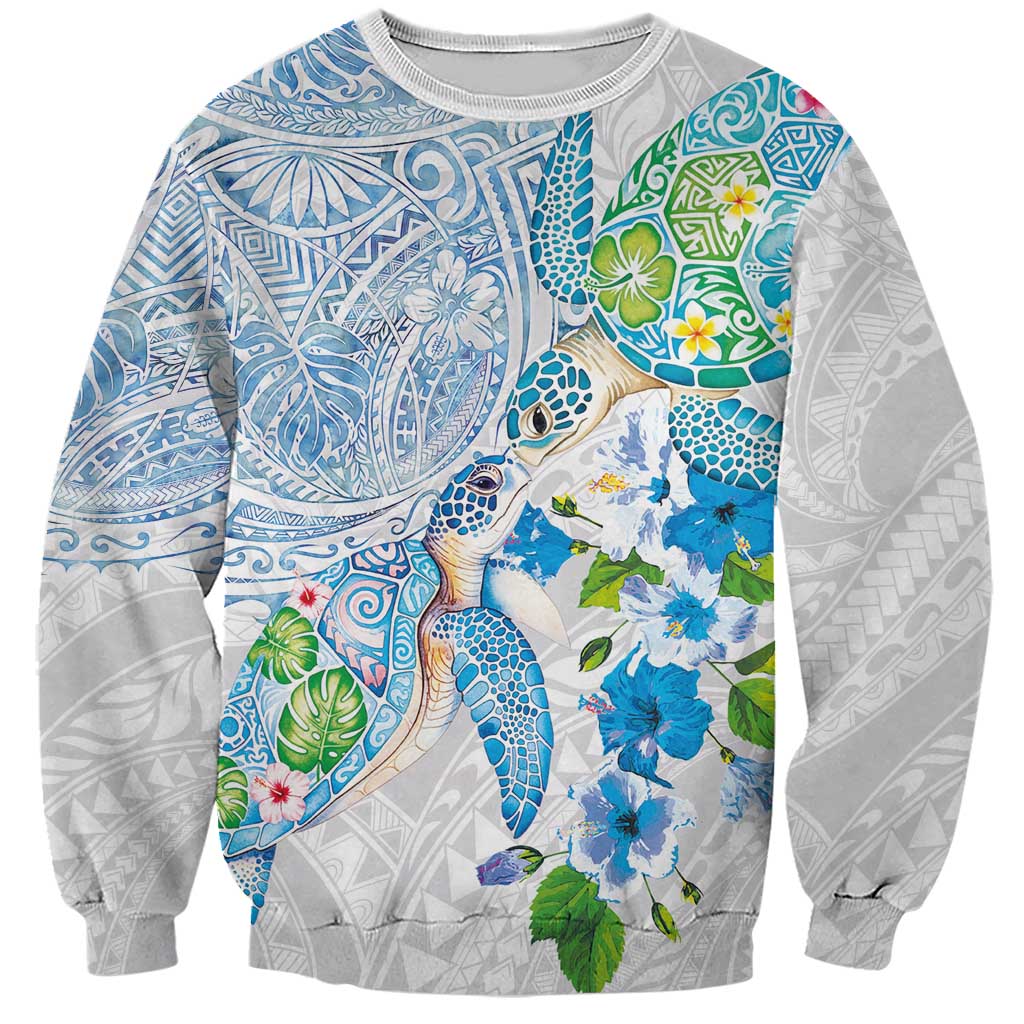 Hawaiian Couple Turtles Honi Sweatshirt Polynesian Art Motifs and Hibiscus White Blue Color LT03 Unisex White - Polynesian Pride
