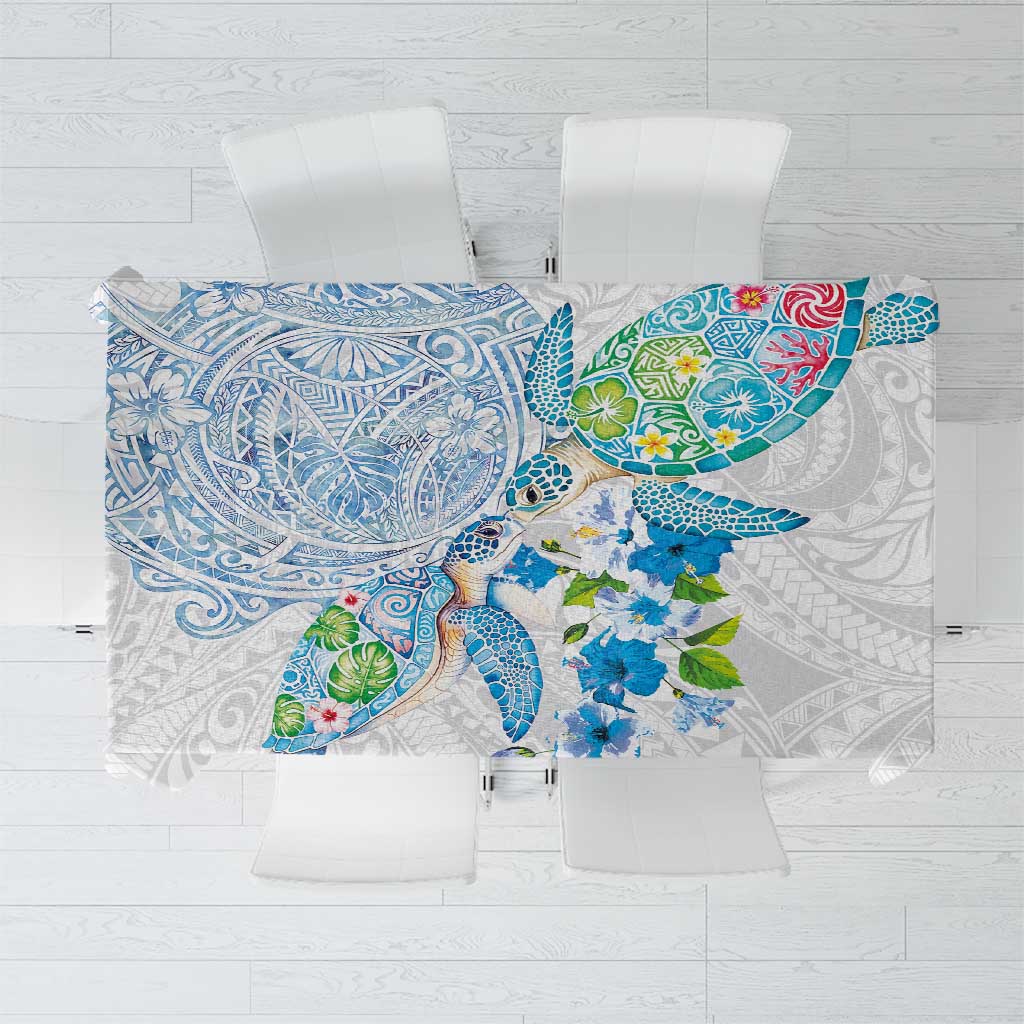Hawaiian Couple Turtles Honi Tablecloth Polynesian Art Motifs and Hibiscus White Blue Color LT03 White - Polynesian Pride