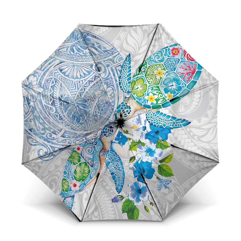 Hawaiian Couple Turtles Honi Umbrella Polynesian Art Motifs and Hibiscus White Blue Color LT03 One Size Folded 11.42 inch Opened Diameter 37.4 inch White - Polynesian Pride