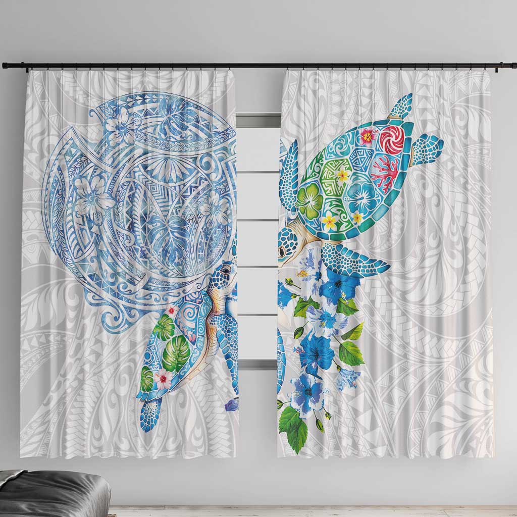 Hawaiian Couple Turtles Honi Window Curtain Polynesian Art Motifs and Hibiscus White Blue Color LT03 With Hooks White - Polynesian Pride