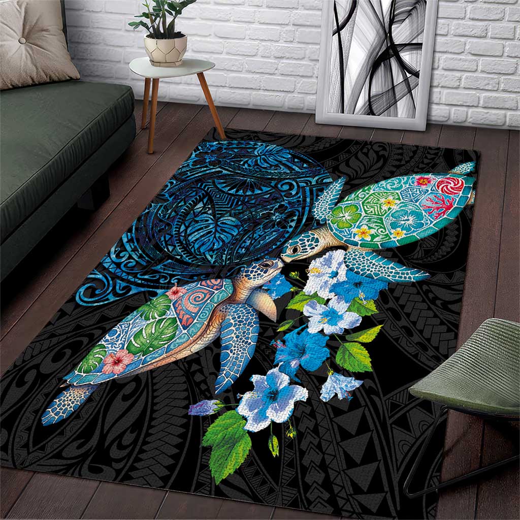 Hawaiian Couple Turtles Honi Area Rug Polynesian Art Motifs and Hibiscus Black Blue Color LT03 Black - Polynesian Pride