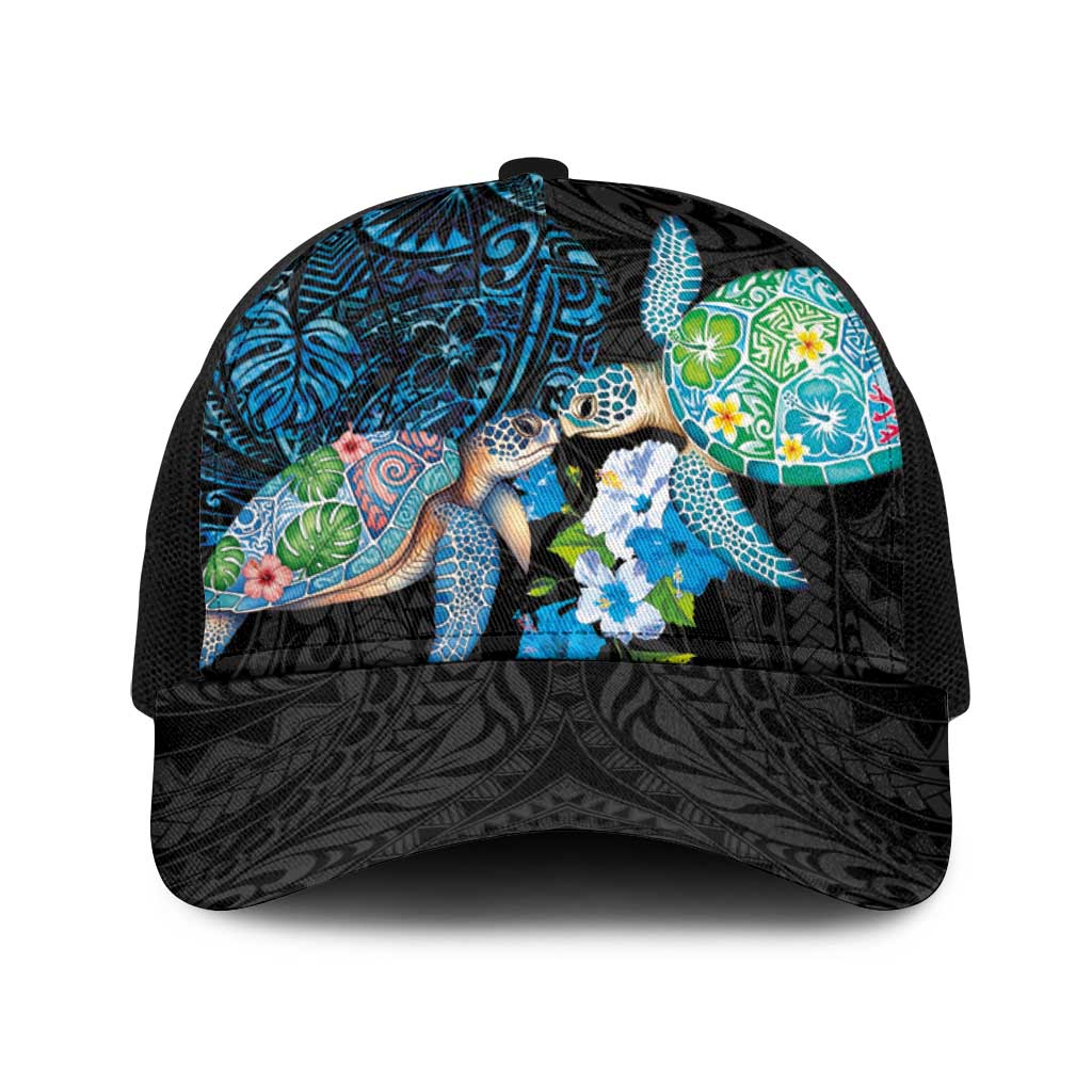 Hawaiian Couple Turtles Honi Baseball Net Cap Polynesian Art Motifs and Hibiscus Black Blue Color LT03 One Size Black Black - Polynesian Pride
