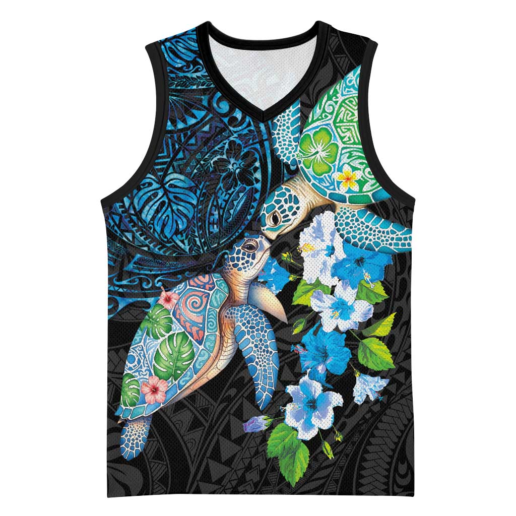 Hawaiian Couple Turtles Honi Basketball Jersey Polynesian Art Motifs and Hibiscus Black Blue Color LT03 Unisex Black - Polynesian Pride