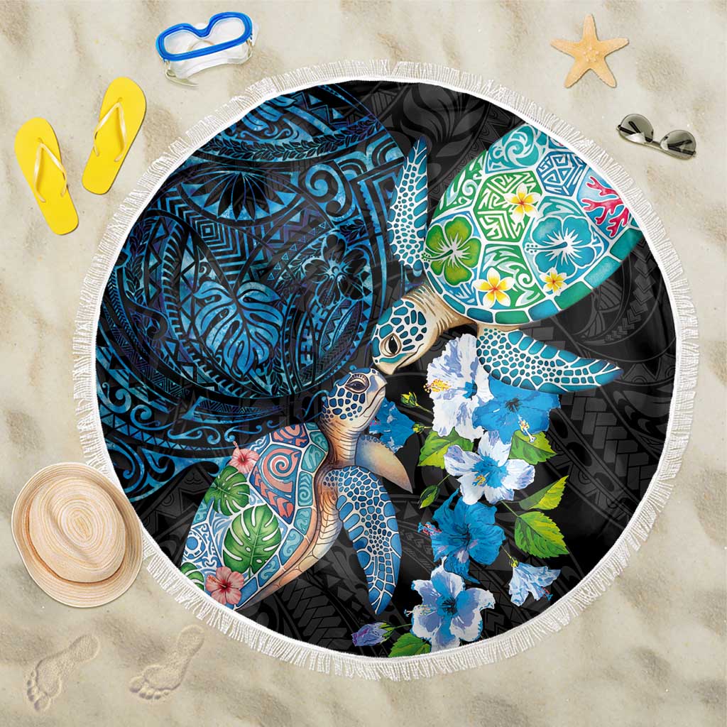 Hawaiian Couple Turtles Honi Beach Blanket Polynesian Art Motifs and Hibiscus Black Blue Color LT03 One Size 150cm Black - Polynesian Pride