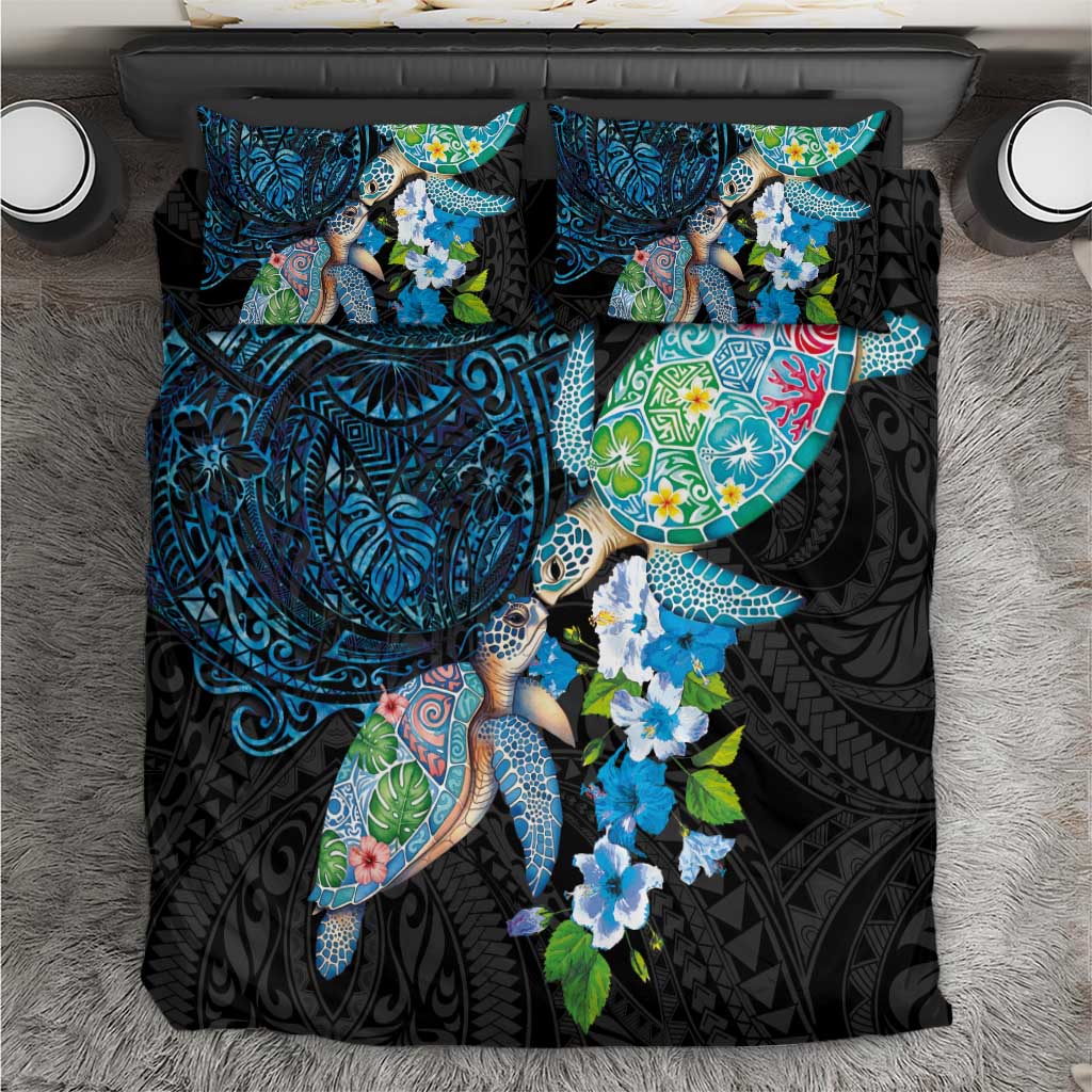 Hawaiian Couple Turtles Honi Bedding Set Polynesian Art Motifs and Hibiscus Black Blue Color LT03 Black - Polynesian Pride