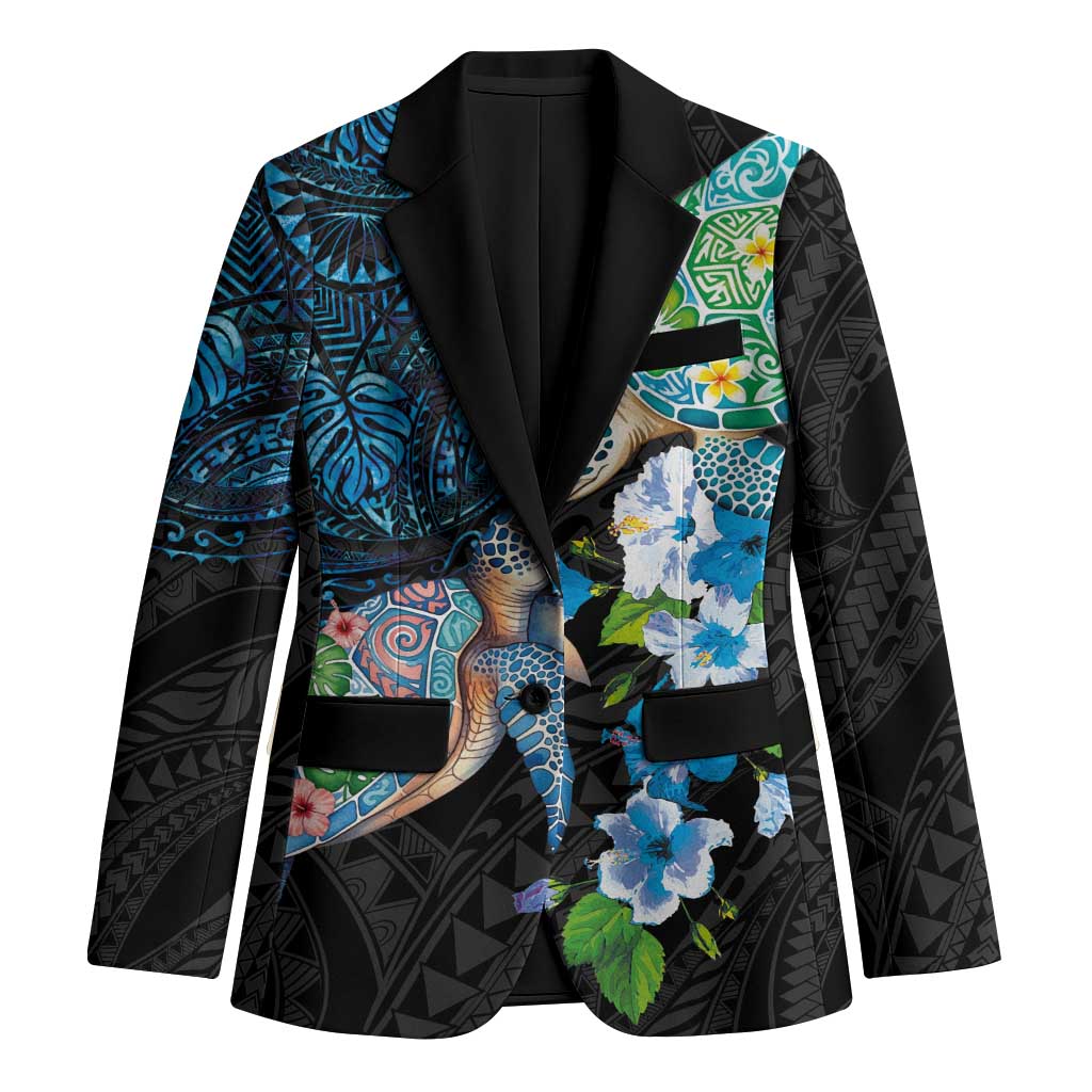 Hawaiian Couple Turtles Honi Blazer Polynesian Art Motifs and Hibiscus Black Blue Color LT03 Unisex Black - Polynesian Pride