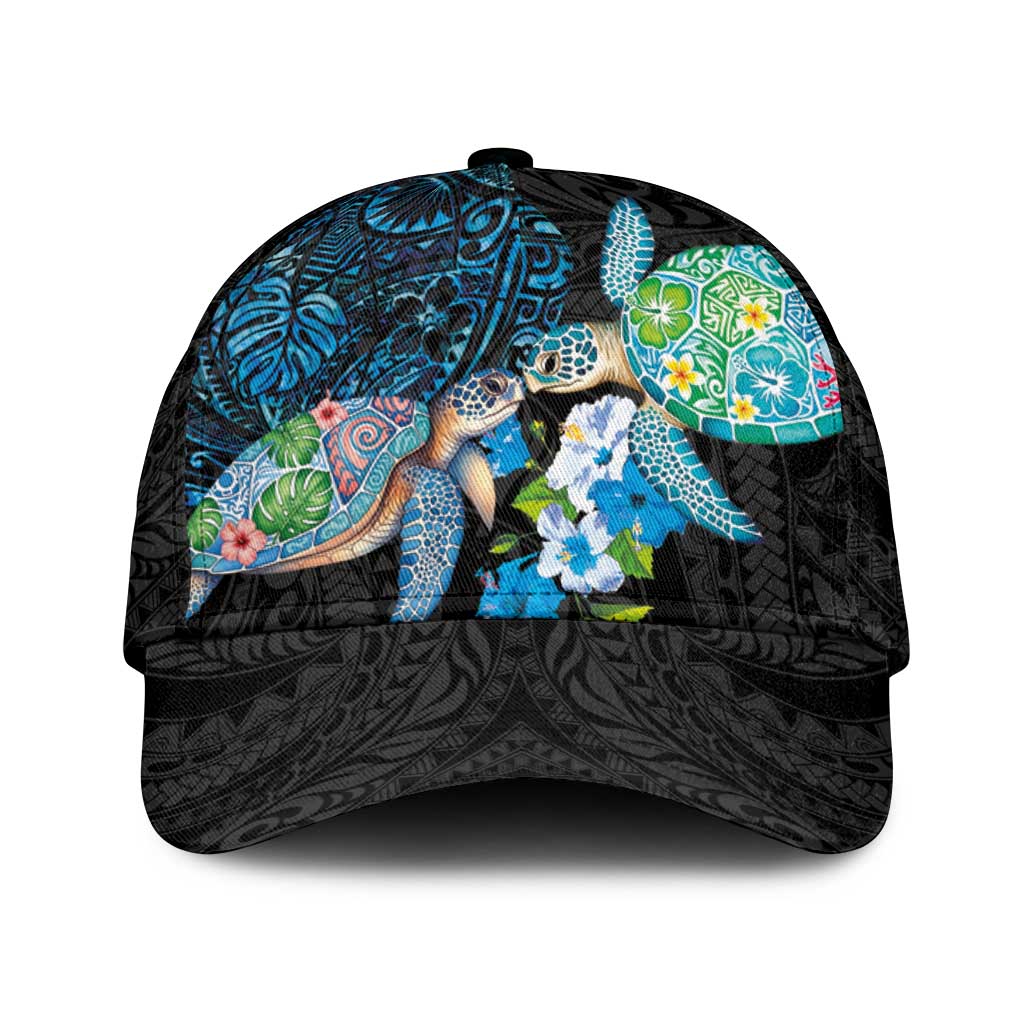 Hawaiian Couple Turtles Honi Classic Cap Polynesian Art Motifs and Hibiscus Black Blue Color LT03 Universal Fit Black - Polynesian Pride