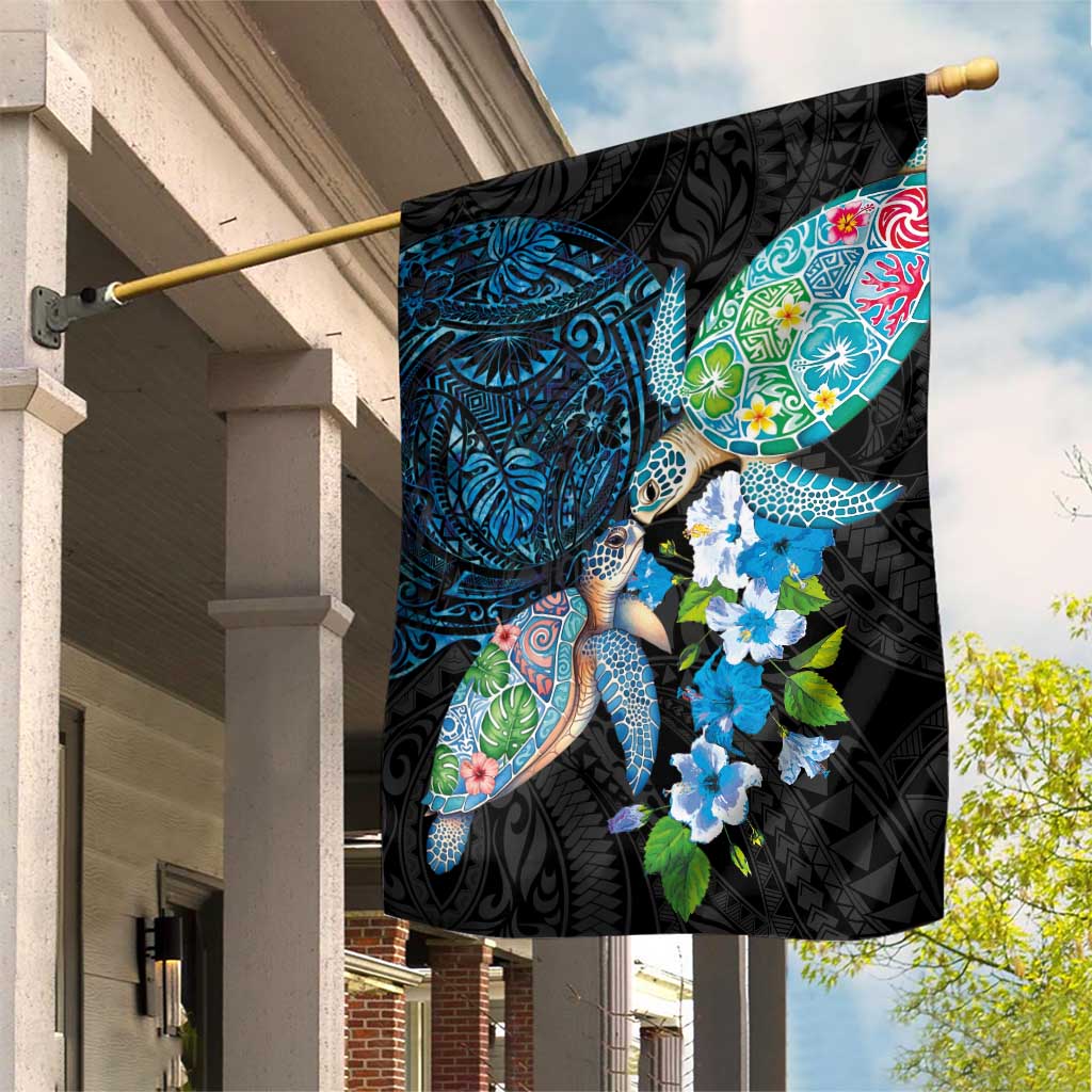 Hawaiian Couple Turtles Honi Garden Flag Polynesian Art Motifs and Hibiscus Black Blue Color LT03 House Flag Black - Polynesian Pride