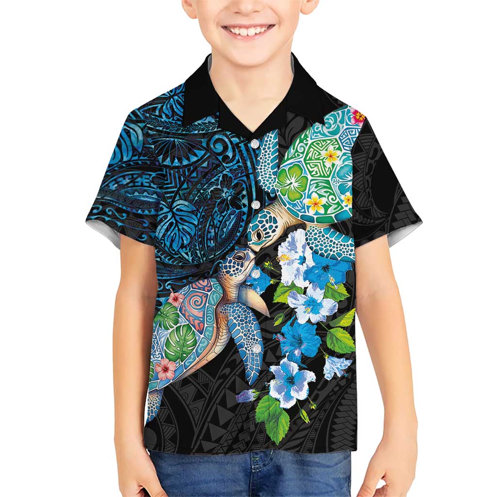Hawaiian Couple Turtles Honi Kid Hawaiian Shirt Polynesian Art Motifs and Hibiscus Black Blue Color LT03 Kid Black - Polynesian Pride
