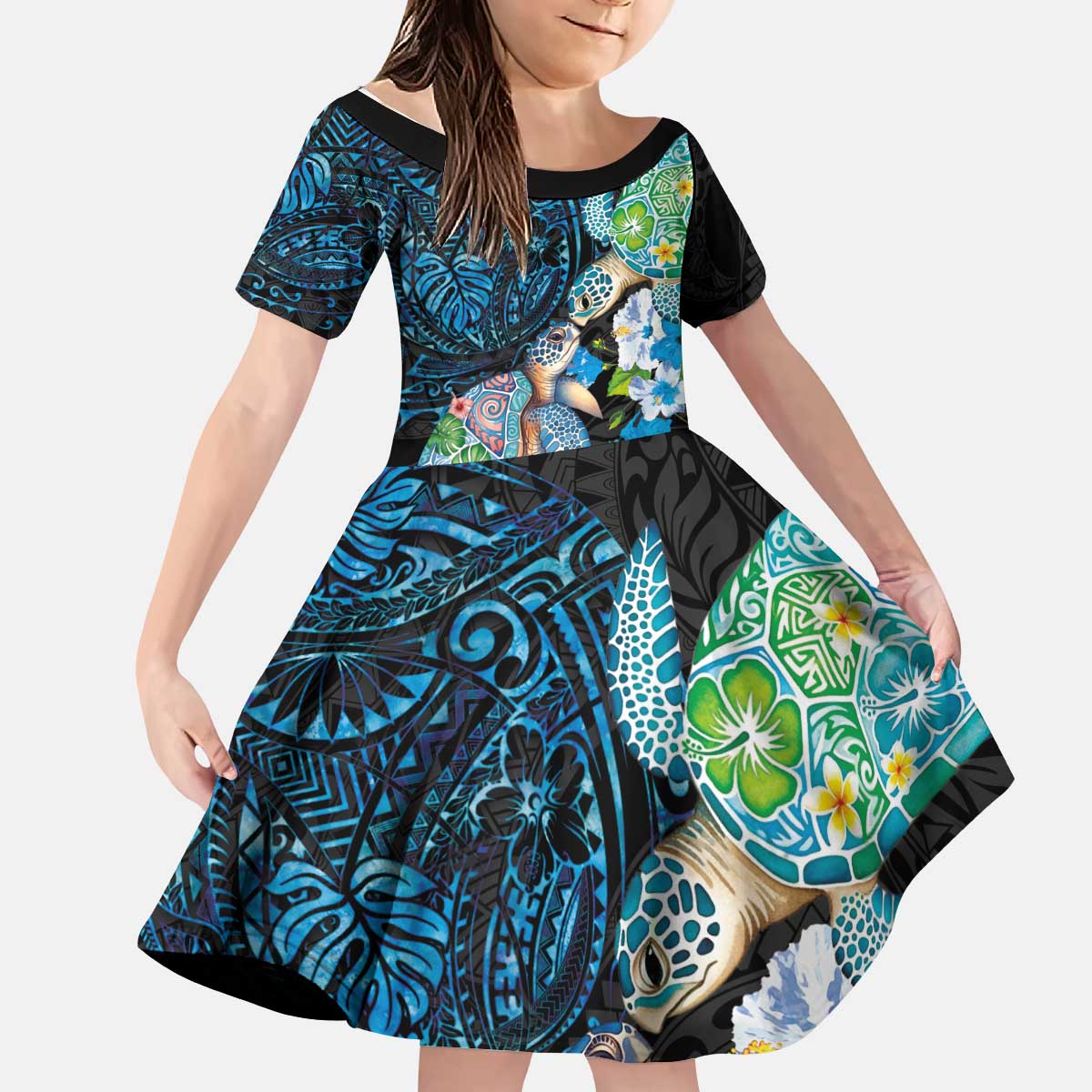 Hawaiian Couple Turtles Honi Kid Short Sleeve Dress Polynesian Art Motifs and Hibiscus Black Blue Color LT03 KID Black - Polynesian Pride