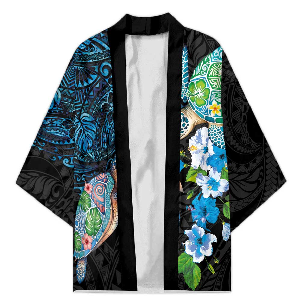 Hawaiian Couple Turtles Honi Kimono Polynesian Art Motifs and Hibiscus Black Blue Color LT03 Unisex Black - Polynesian Pride