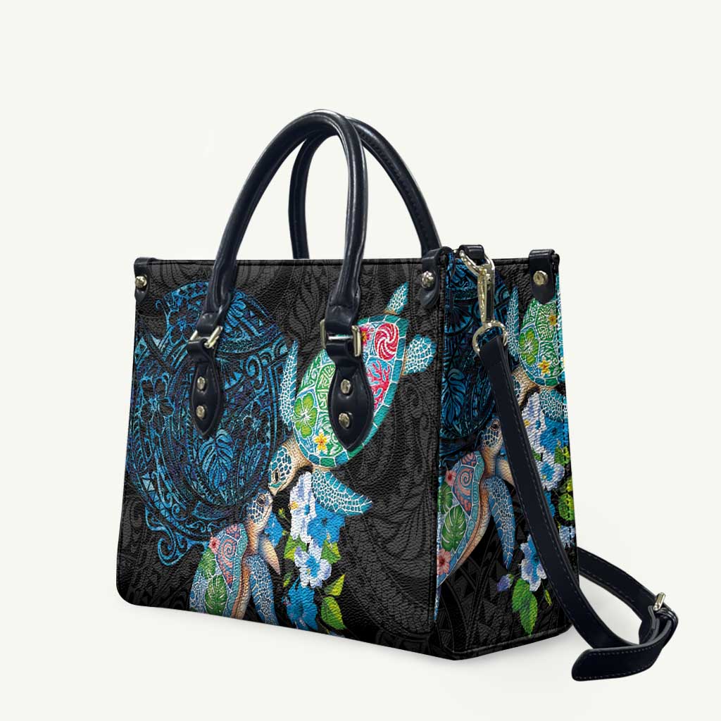 Hawaiian Couple Turtles Honi Leather Bag Polynesian Art Motifs and Hibiscus Black Blue Color LT03 Black - Polynesian Pride