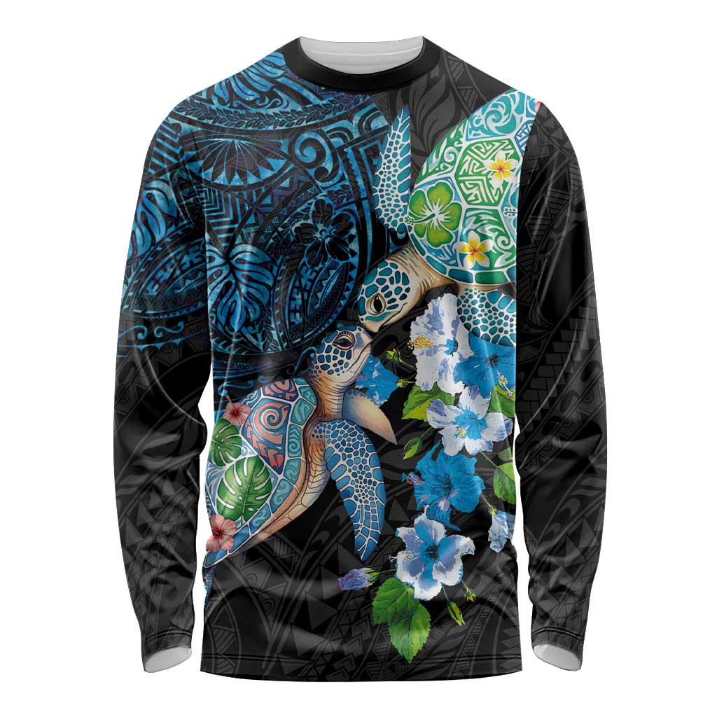 Hawaiian Couple Turtles Honi Long Sleeve Shirt Polynesian Art Motifs and Hibiscus Black Blue Color LT03 Unisex Black - Polynesian Pride