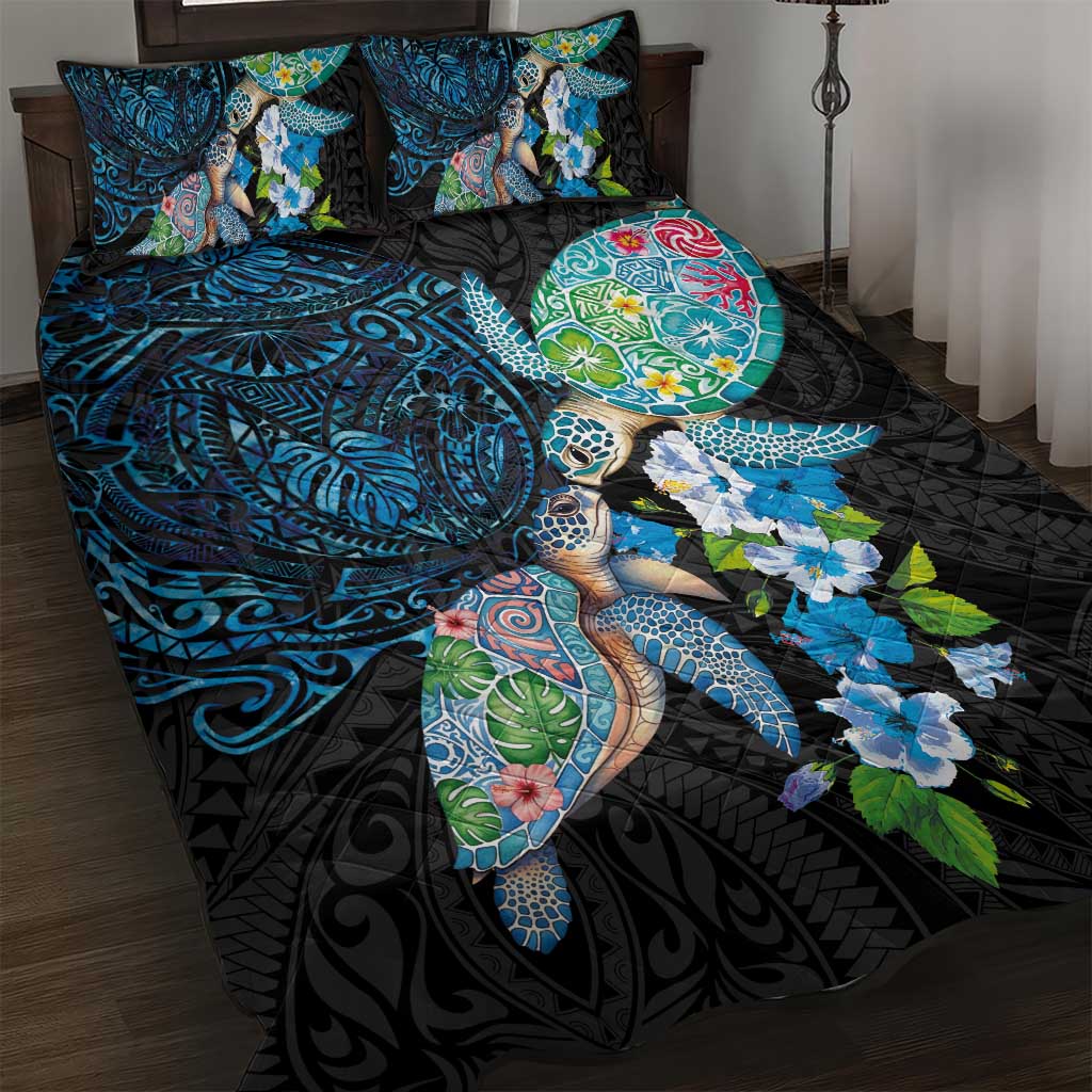 Hawaiian Couple Turtles Honi Quilt Bed Set Polynesian Art Motifs and Hibiscus Black Blue Color LT03 Black - Polynesian Pride