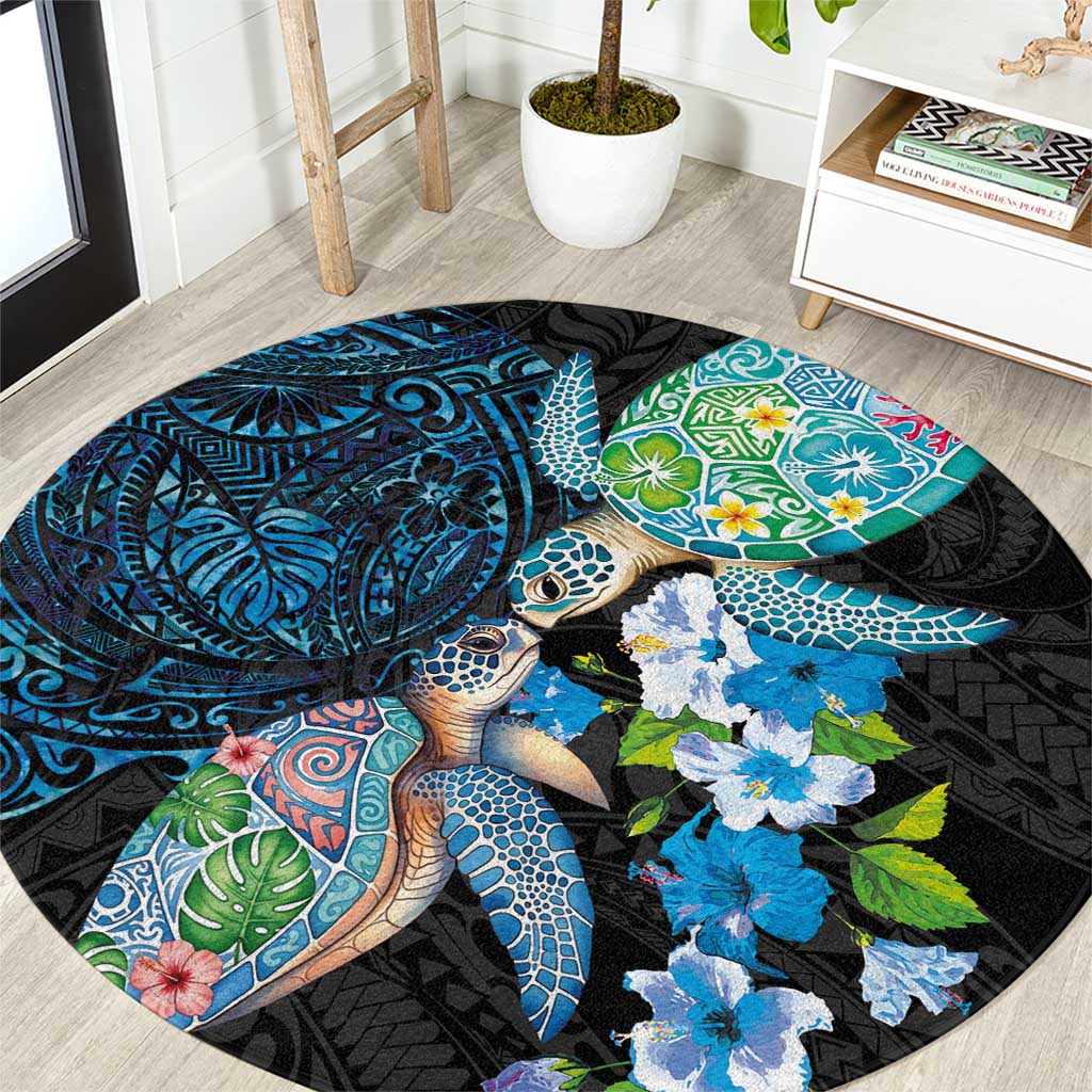 Hawaiian Couple Turtles Honi Round Carpet Polynesian Art Motifs and Hibiscus Black Blue Color LT03 Black - Polynesian Pride