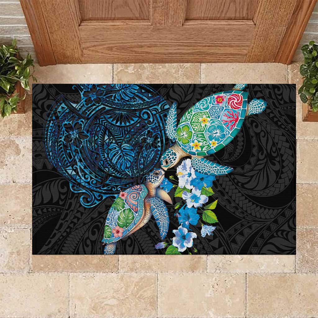 Hawaiian Couple Turtles Honi Rubber Doormat Polynesian Art Motifs and Hibiscus Black Blue Color LT03 Black - Polynesian Pride