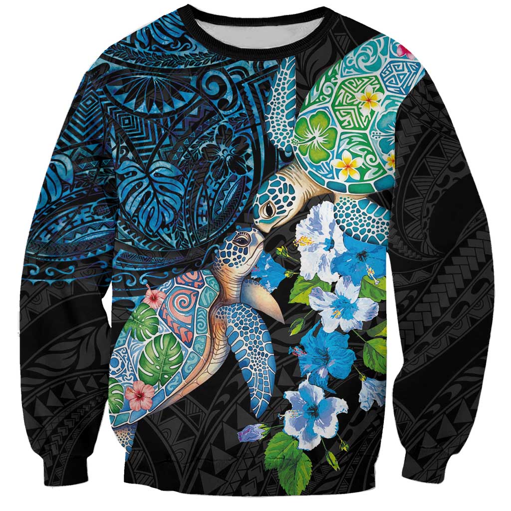 Hawaiian Couple Turtles Honi Sweatshirt Polynesian Art Motifs and Hibiscus Black Blue Color LT03 Unisex Black - Polynesian Pride