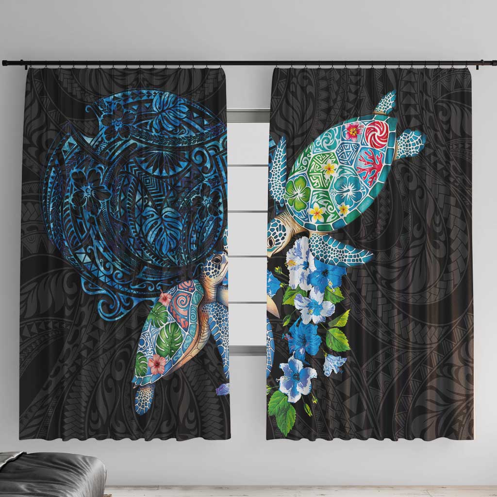 Hawaiian Couple Turtles Honi Window Curtain Polynesian Art Motifs and Hibiscus Black Blue Color LT03 With Hooks Black - Polynesian Pride